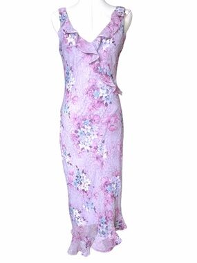 Vintage 90s Purple Floral Ruffle V Neck Maxi Dress Coquette Whimsy Fairy